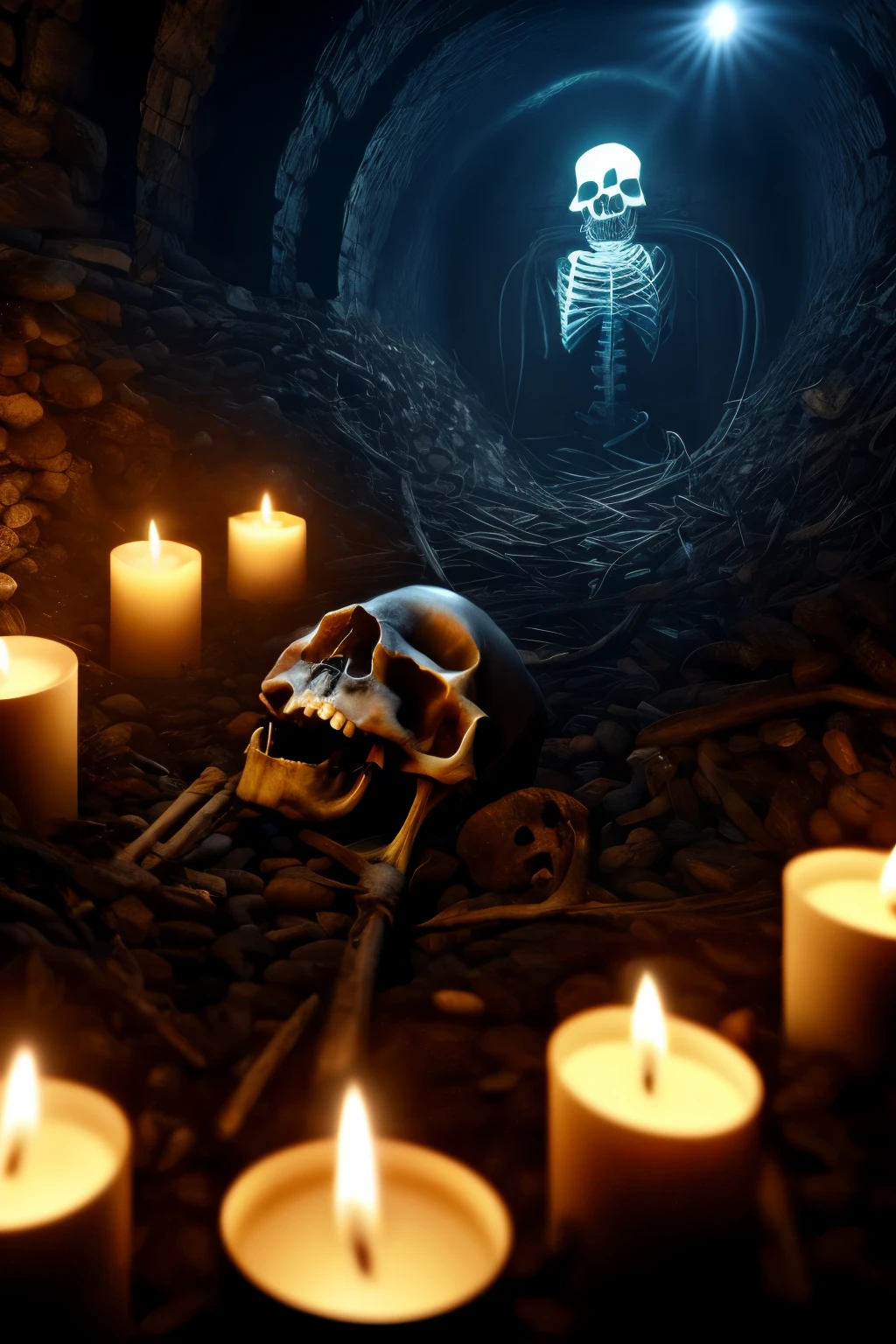 horror game, catacombs, spooky, creepy, scary, invisible entity, skulls, bones, skeletons, death, high quality, realistic, with background, candles