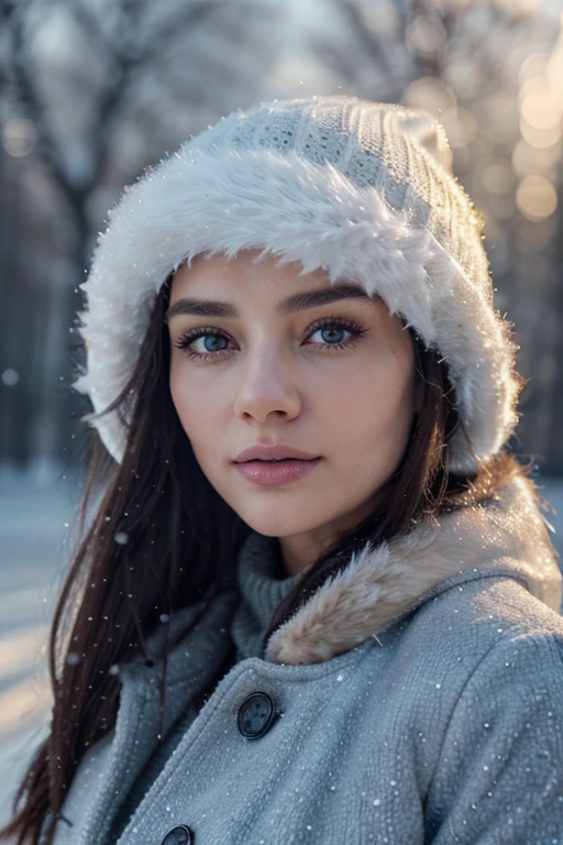 a woman in a winter coat and hat, beautiful detailed eyes, beautiful detailed lips, extremely detailed face, longeyelashes, snow, icy wind, frozen lake, detailed landscape, (best quality,4k,8k,highres,masterpiece:1.2),ultra-detailed,(realistic,photorealistic,photo-realistic:1.37),HDR,UHD,studio lighting,ultra-fine painting,sharp focus,physically-based rendering,extreme detail description,professional,vivid colors,bokeh,photographic,winter scene,cold atmosphere,frosty,frozen