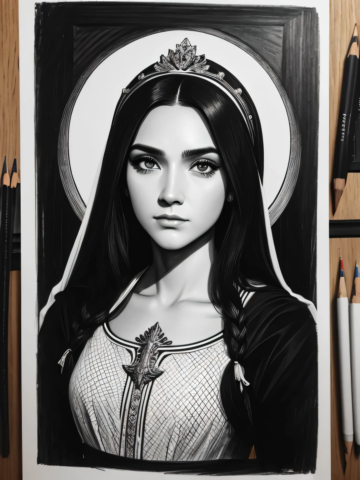 Figura de jesus cristo,barba, cabelo comprindo, cruz no fundo, de vestido,montanha , sua arte em linha fina, Comic style, retrato, Bela arte de linha, black and white estilo , pencil and ink drawing, black and white coloring