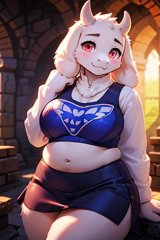 ((sfw)), character from Undertale Toriel, goat Furry, Beautiful cute face, Innocent, Charming, Sexually calm facial expression, Facing the camera, The body is covered with wool, Skin color: white, Body glare, ((pretty eyes)), red-eyes, ((Perfect Sexy Figure)), Curvy Perfect Body Shapes, big thighs, ((Subtle and beautiful)), ((Sexy Fantasy Clothing)), Sexually seductive position, Full-length, Dark castle cave inside background, Depth of field, ((ultra quality)), ((tmasterpiece)), clear image, crisp details, Realistic, Professional Photo Session, Clear Focus, the anime, Colorfully drawn, big breasts, tight blue crop top, midriff, black skirt, blushing, big belly