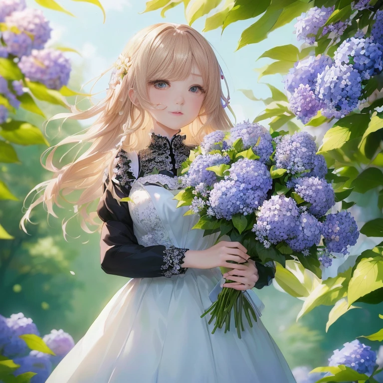 anime girl with long blonde hair holding a bouquet of flowers, deity of hydrangeas, beautiful anime portrait, in dress, with flowers, a maid in a magical forest, anime moe artstyle, anime visual of a cute girl, cute anime waifu in a nice dress, anime style 4 k, portrait of ta, marin kitagawa fanart, render of april