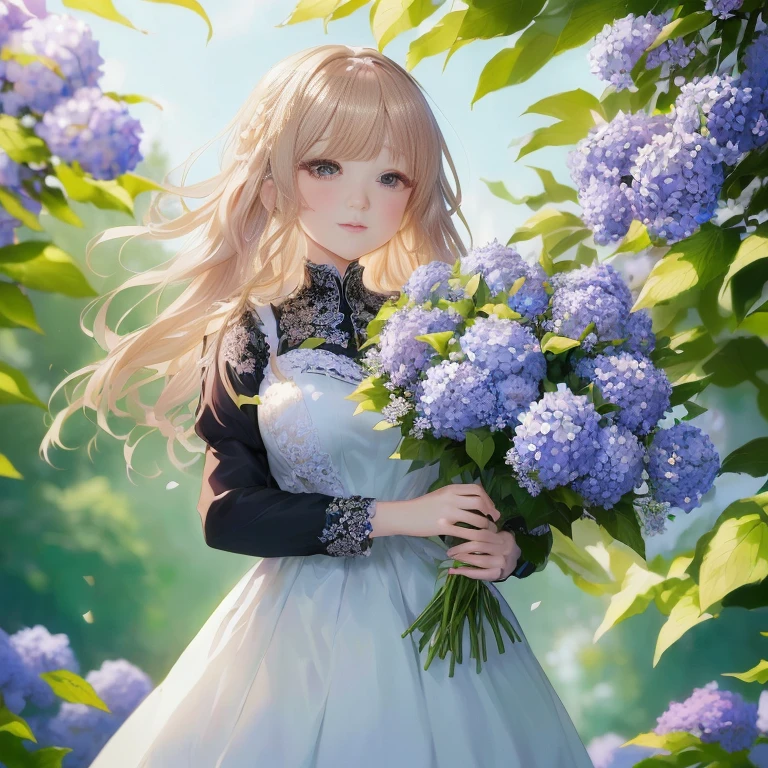 anime girl with long blonde hair holding a bouquet of flowers, deity of hydrangeas, beautiful anime portrait, in dress, with flowers, a maid in a magical forest, anime moe artstyle, anime visual of a cute girl, cute anime waifu in a nice dress, anime style 4 k, portrait of lolita, marin kitagawa fanart, render of april