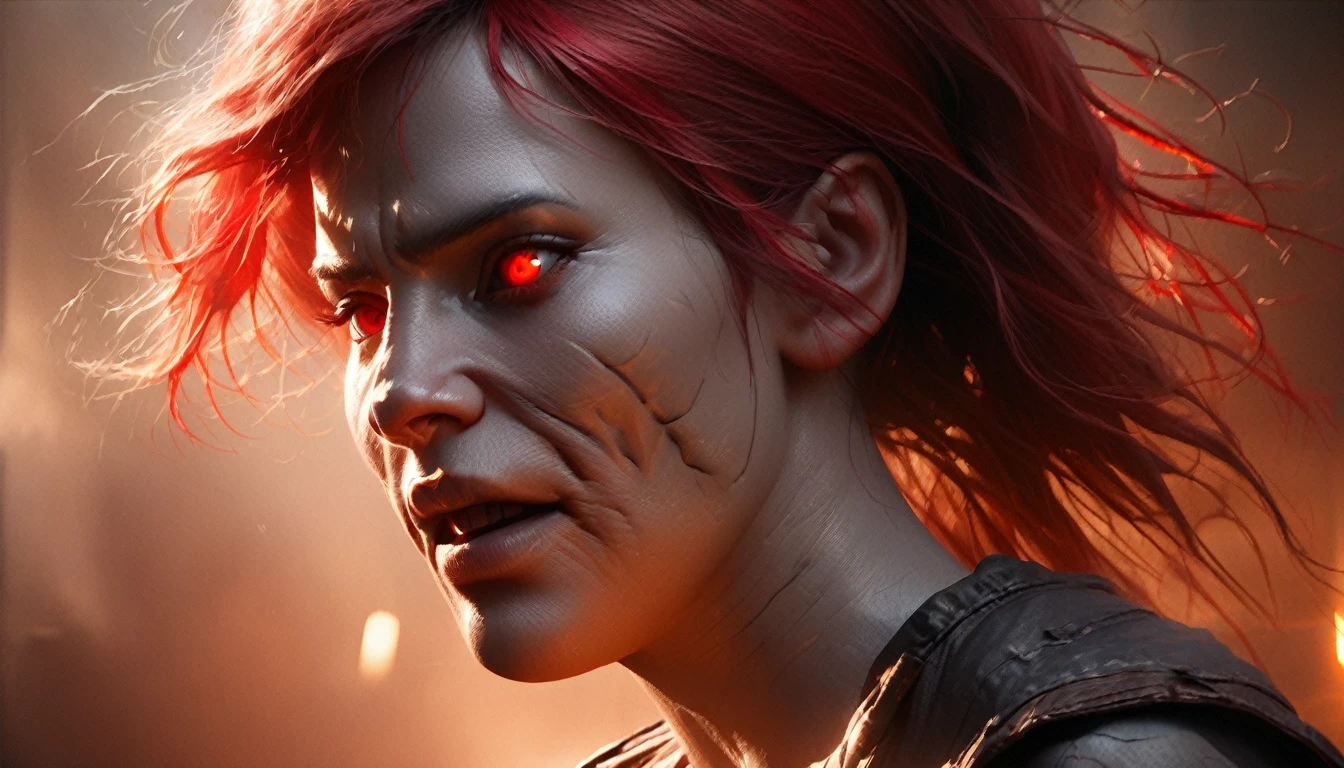 Batgirl, Close up, Fighting crime in Gotham, Bloody from battle, Fire and smoke surround her.