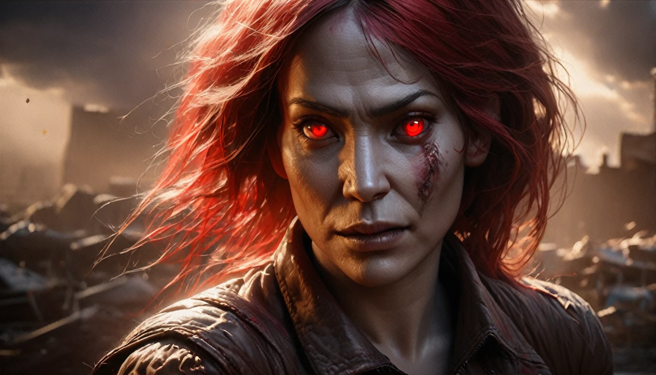a beautiful woman with scarlet red hair and white skin, glowing, punishing, goddess-like, 1girl, detailed face, piercing eyes, sharp cheekbones, dramatic lighting, ethereal, moody, dramatic, dark and gritty, cinematic, horror, silent hill, post-apocalyptic, dramatic clouds, glowing red eyes, angry expression, powerful, intense, (best quality,4k,8k,highres,masterpiece:1.2),ultra-detailed,(realistic,photorealistic,photo-realistic:1.37),dramatic lighting,cinematic composition