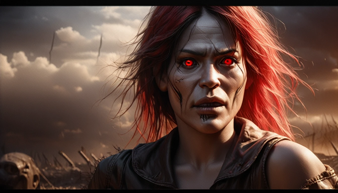 a beautiful woman with scarlet red hair and white skin, glowing, punishing, goddess-like, 1girl, detailed face, piercing eyes, sharp cheekbones, dramatic lighting, ethereal, moody, dramatic, dark and gritty, cinematic, horror, silent hill, post-apocalyptic, dramatic clouds, glowing red eyes, angry expression, powerful, intense, (best quality,4k,8k,highres,masterpiece:1.2),ultra-detailed,(realistic,photorealistic,photo-realistic:1.37),dramatic lighting,cinematic composition