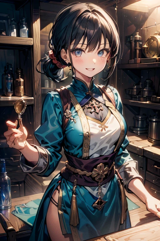(fantasy:1.5),(anime,8k,masterpiece, top quality, best quality,beautiful and aesthetic:1.2,professional illustrasion:1.1,ultra detail:1.3,perfect lighting),extremely detailed,highest detailed,incredibly absurdres , highres, ultra detailed,intricate:1.6,(Alchemy Workshop:1.4),A girl mixing,Medicine in many small bottles,holding small potion,colorful:1.4,zentangle,(1girl),(girl),(Three kingdoms female warload),(highly detailed beautiful face and eyes,firm breasts),oily skin,((black,hair,short bob with short pony tail hair)),thin pubic hair,cute,lovely,34 years old,alchemist costume,Merchant's Clothing,smile,in the kitchen,smile,seductive weak smiling,(with sparkling eyes and a contagious smile),open mouth, Looking at Viewer,
