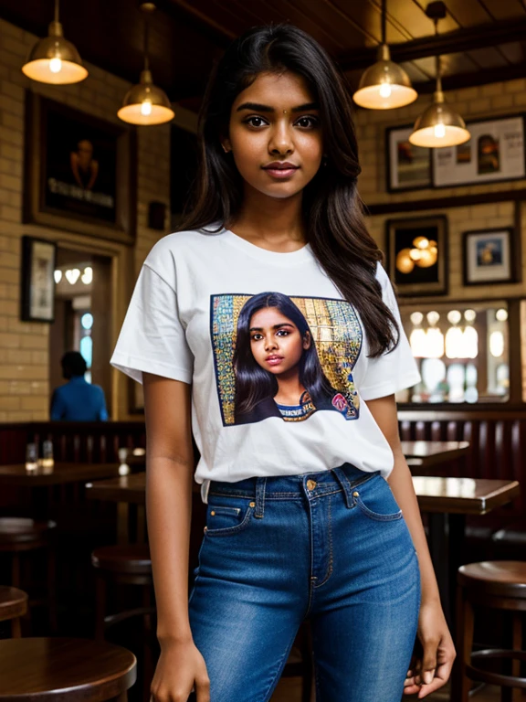 14 year old Tamil girl, inside pub, evening sky, bossy sassy photoshoot, (wearing expensive t-shirt, long jeans pant ), (intricate detailing of face eyes nose mouth full lips & body parts), textured skin, smile:0.6, eyes symmetry, face symmetry, 256K, HDR, hyper realistic, intricate detailing, yotta-pixel image, yocto-pixel detailing