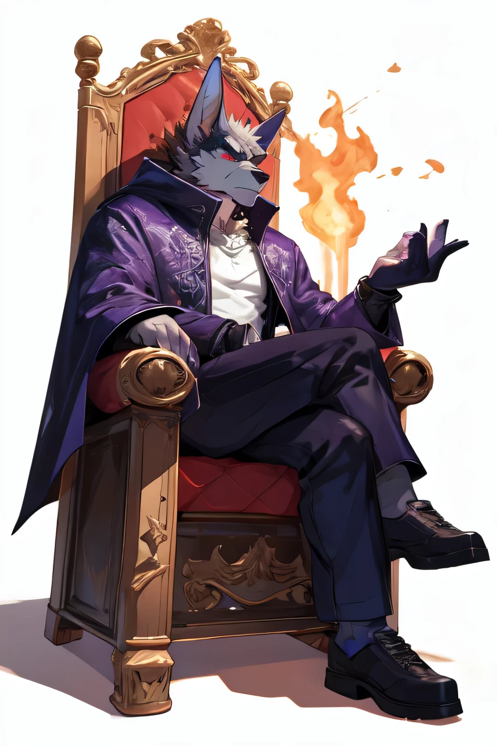 male anthro jackal, sitting in an throne with crossed legs, solo, serious expression, angry expression, serious look, black and white spectator shoes, grey body, grey fur, orange gloves, purple clothing, purple coat, purple pants, purple suit, purple topwear, red eyes, white shirt, perfect face, larger male, fur coat, fur coat cape, sand powers, god set,