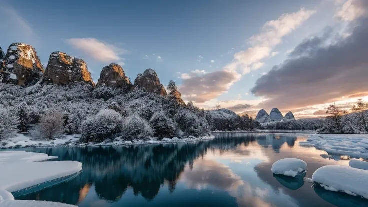 a large body of water surrounded by snow covered rocks, winter lake setting, icy lake setting, ice snowy lake setting, desolate ...