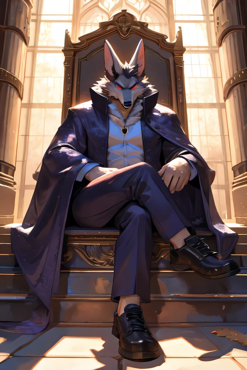 male anthro jackal, sitting in an throne with crossed legs, solo, serious expression, angry expression, serious look, black and white spectator shoes, grey body, grey fur, orange gloves, purple clothing, purple coat, purple pants, purple suit, purple topwear, red eyes, white shirt, perfect face, larger male, fur coat, fur coat cape, sand powers, god set,
