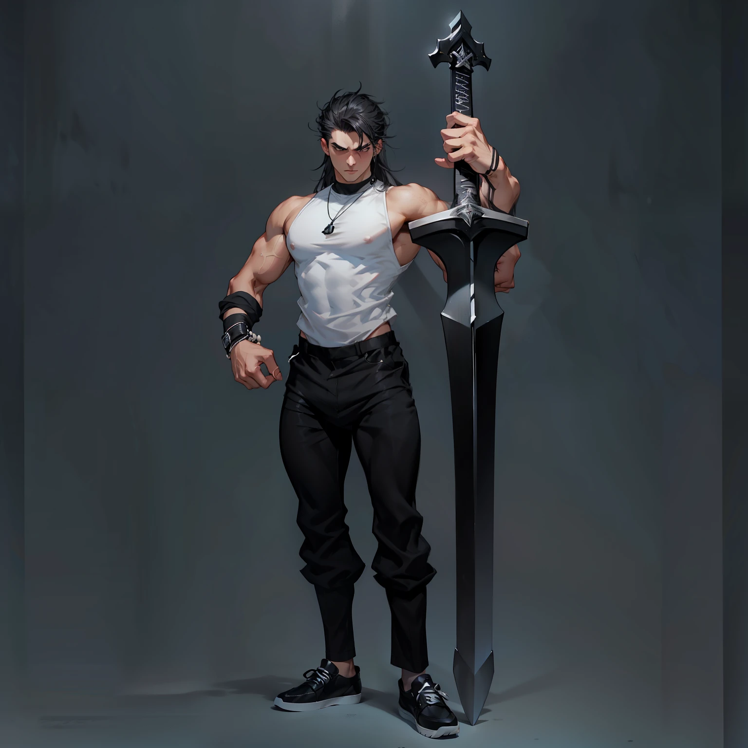 boys 26 Years old, Serious face, muscular, long hair, wearing (white round neck shirts), sleeveless shirts, ((black trousers)), ((black slip-ons shoes)), ((standing pose)), holding giant sword, standing on ocean, stormy weather