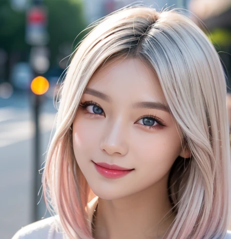 18-year-old、Tabletop, highest quality, figure, Super detailed, In detail, High resolution, 8k wallpaper, Perfect dynamic composition, Beautiful fine details, ,Medium Hair,, Natural color lip, smile、Silver hair with pink gradation at the ends、Street Snap、Silver Eyes、Light pigmentation、albino