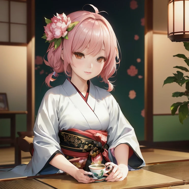 anime girl in kimono outfit sitting on a table with a cup of tea, anime style 4 k, best anime 4k konachan wallpaper, artwork in the style of guweiz, anime art wallpaper 8 k, beautiful anime portrait, haruno sakura, anime visual of a cute girl, anime wallpaper 4 k, anime wallpaper 4k, anime art wallpaper 4k