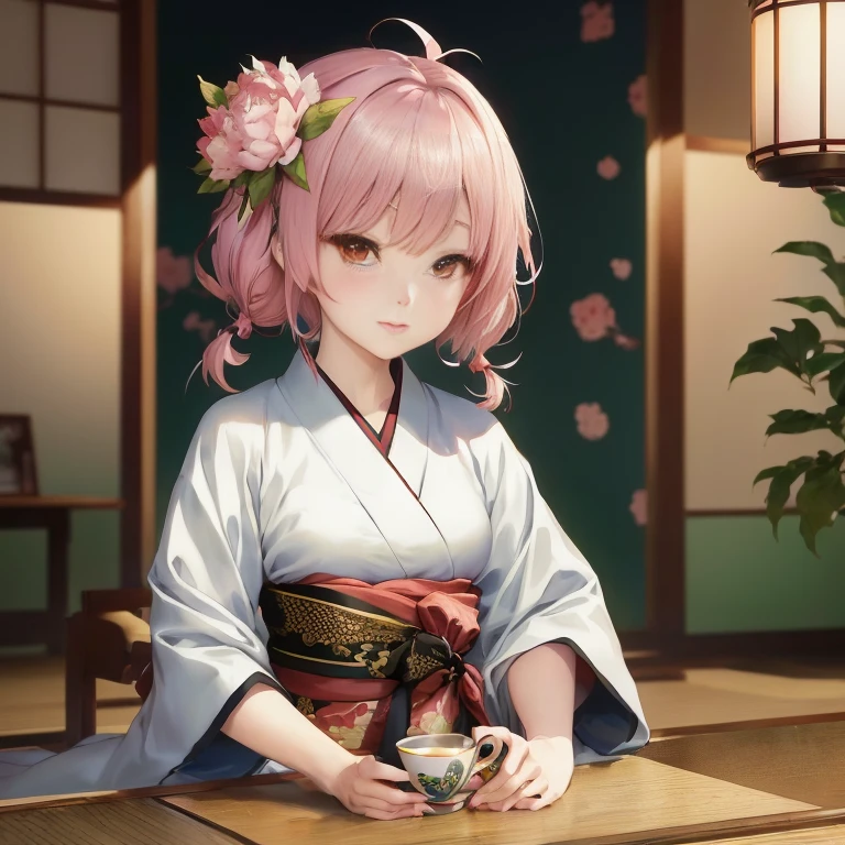 anime girl in kimono outfit sitting on a table with a cup of tea, anime style 4 k, best anime 4k konachan wallpaper, artwork in the style of guweiz, anime art wallpaper 8 k, beautiful anime portrait, haruno sakura, anime visual of a cute girl, anime wallpaper 4 k, anime wallpaper 4k, anime art wallpaper 4k