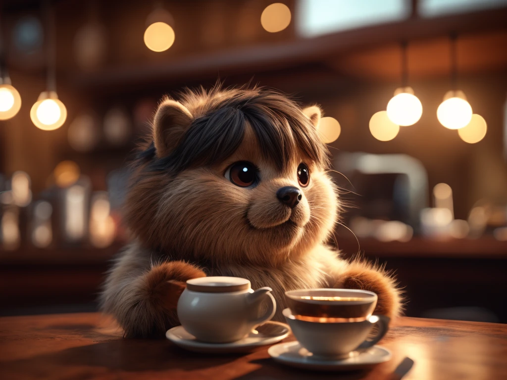 realistic hairy fur , round face , moist round eyes , Swollen cheeks , hair ties , Short stature , teatime on cafe