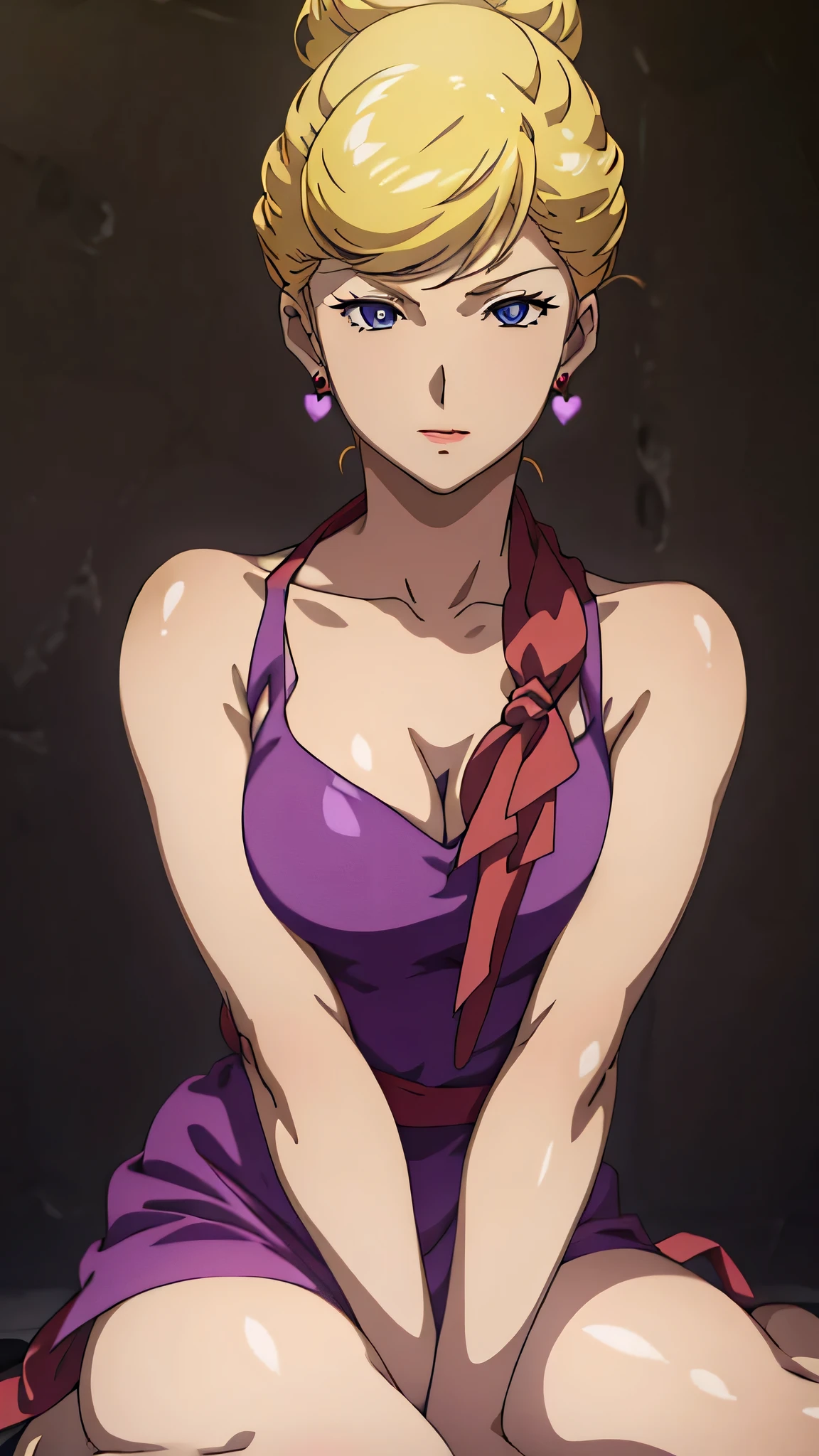 Crowley hanon,outdoor,
Kneeling,
(Dressed,purple dress ,red scarf,collarbone, middle breast,
heart shaped earring),
blonde hair,blue eyes,hair_bun,
looking at viewer, , break masterpiece ,8k unity wallpaper,anime key visual,highest quality, High resolution, unity 8k wallpaper, (shape:0.8),anime coloring,highly detailed face, detailed eyes,growing eyes,shiny skin,fine skin,white skin,dense skin,detailed hair,highly detailed legs,perfect lighting, Detailed CG, (perfect hands, perfect anatomy),High resolution,