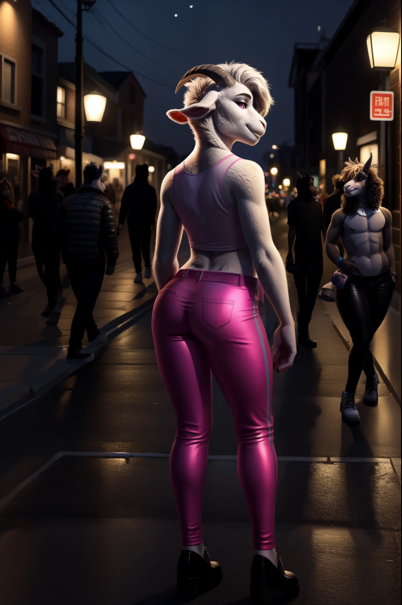 2 boys, goat , femboy, girly , standing, tight pants, on the street, seductive, in public, night, butt ,