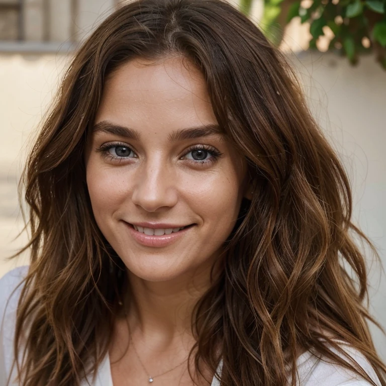 Create an image of a 35-year-old influencer, French, with light brown, wavy hair, des yeux bleus, regardant l'objectif. She must be pretty and smiling, and appear barefoot.