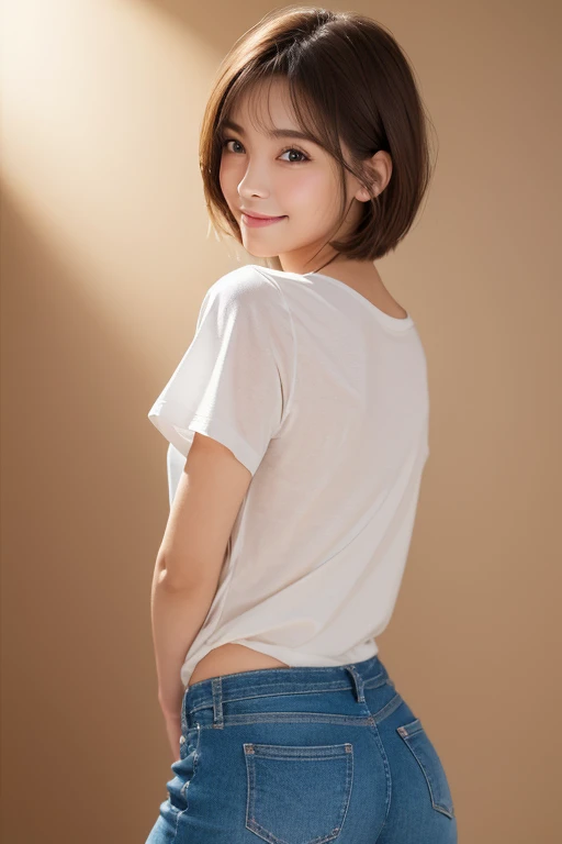 ((highest quality、Best image quality、Ultra-high resolution、Ultra-high definition drawing、alone、Look closely at the camera))、1 girl、Realistic、Written boundary depth、Natural soft light、Etiechi, constricted body, 30 years old, Beautiful and detailed, Short Bob Hair, highest quality, masterpiece, Layered Bob Hair, Moist eyes, Pixie Cut, Great pose, Brown eyes, smile, Perfect Fingers、Perfect hands、Perfect body、Perfect Face, Perfect Anatomy, Glossy lips, Natural Makeup, Small Ass, Professional Lighting, Cowboy Shot, Simple Background, Brown eyes, Bright colors, Bright room, Summer, T-Shirts, Shorts,