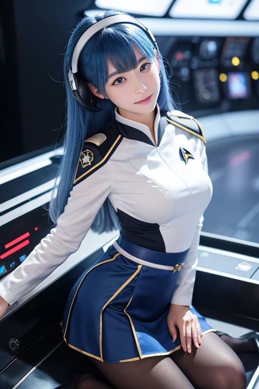 Tabletop, highest quality, 8k、(Golden ratio face、Balanced Eyes、Very gentle eyelids)、double eyelid、Innocent face、Young Face、Beautiful nose、Embarrassed laugh、Lip gloss 、Very beautiful girl、Beautiful girl solo like a model、 Wearing Starfleet uniforms, Starfleet uniform、Clear costume design、Shiny uniform、Blue Hair、Put the headset on your head、Skirt、pantyhose、battleship cockpit,SFworld,Anime World Girl、Futuristic Background、