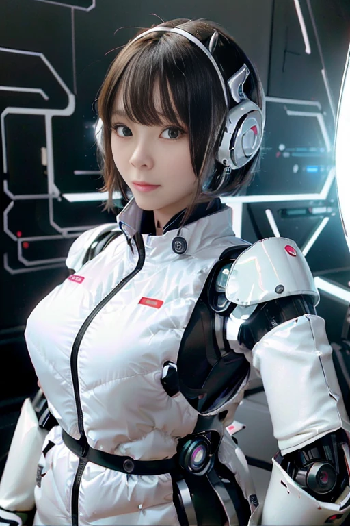 A girl in a futuristic bright white heavily armored robot suit takes a photo、perfect android girl, Female cyborg body, Perfect anime cyborg woman, Beautiful female android!, Female Robot, completely robot!! girl, Cute cyborg girl, Cyber Suit, Girl wearing mecha cybernetic armor, Cyber Suit, beutiful white girl cyborg, Beautiful female android, Beautiful girl cyborg、Cute cyborg girl with short bob hair、Beautiful android sculpture model、(Laughter)、((Rounded, white, sturdy armor))、(((Equipped with long sensor antennas on both ears)))、(((Robot Girl)))、(((Android girls)))、