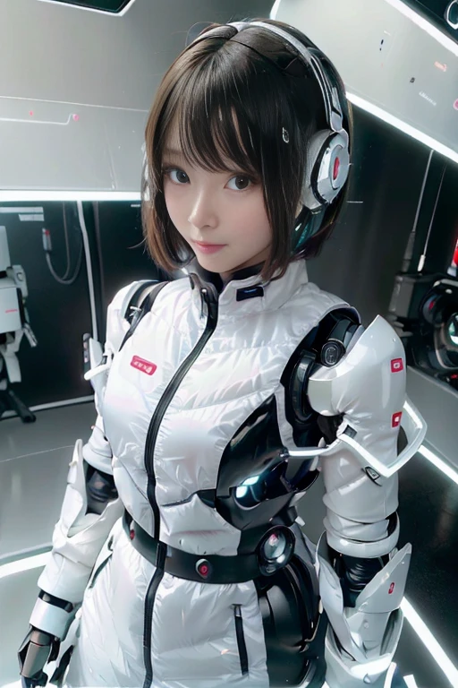 A girl in a futuristic bright white heavily armored robot suit takes a photo、perfect android girl, Female cyborg body, Perfect anime cyborg woman, Beautiful female android!, Female Robot, completely robot!! girl, Cute cyborg girl, Cyber Suit, Girl wearing mecha cybernetic armor, Cyber Suit, beutiful white girl cyborg, Beautiful female android, Beautiful girl cyborg、Cute cyborg girl with short bob hair、Beautiful android sculpture model、(Laughter)、((Rounded, white, sturdy armor))、(((Equipped with long sensor antennas on both ears)))、(((Robot Girl)))、(((Android girls)))、