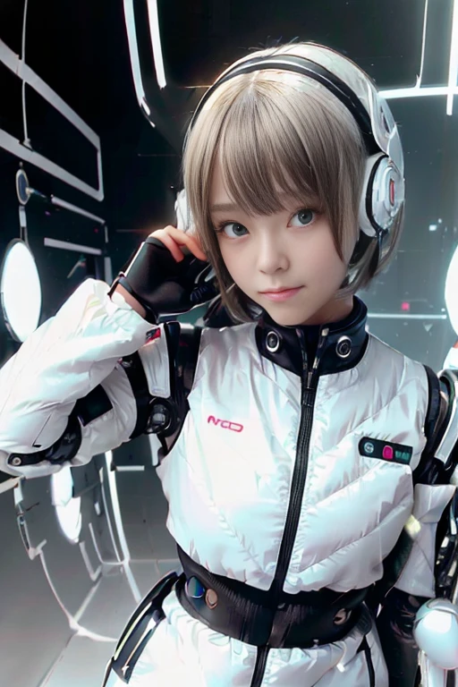 A girl in a futuristic bright white heavily armored robot suit takes a photo、perfect android girl, Female cyborg body, Perfect anime cyborg woman, Beautiful female android!, Female Robot, completely robot!! girl, Cute cyborg girl, Cyber Suit, Girl wearing mecha cybernetic armor, Cyber Suit, beutiful white girl cyborg, Beautiful female android, Beautiful girl cyborg、Cute cyborg girl with short bob hair、Beautiful android sculpture model、(Laughter)、((Rounded, white, sturdy armor))、(((Equipped with long sensor antennas on both ears)))、(((Robot Girl)))、(((Android girls)))、