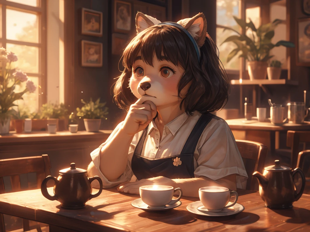 realistic hairy fur , round face , moist round eyes , Swollen cheeks , hair ties , Short stature , female , teatime on cafe