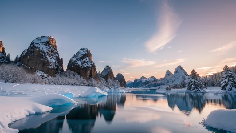 a large body of water surrounded by snow covered rocks, winter lake setting, icy lake setting, ice snowy lake setting, desolate glacial landscape, sparse frozen landscape, frozen lake, dusting of snow, by emmanuel lubezki, desolate arctic landscape, wide angle landscape photography, rocky lake shore, snowy landscape, by Kume Keiichiro , 8k ultra hd, unreal engine 5,Guilin Scenery,mountain,forest,cloud,low light,darkness,humid,view from below , f3nn3r, colourful, pink, blue, black, red, trippy sky