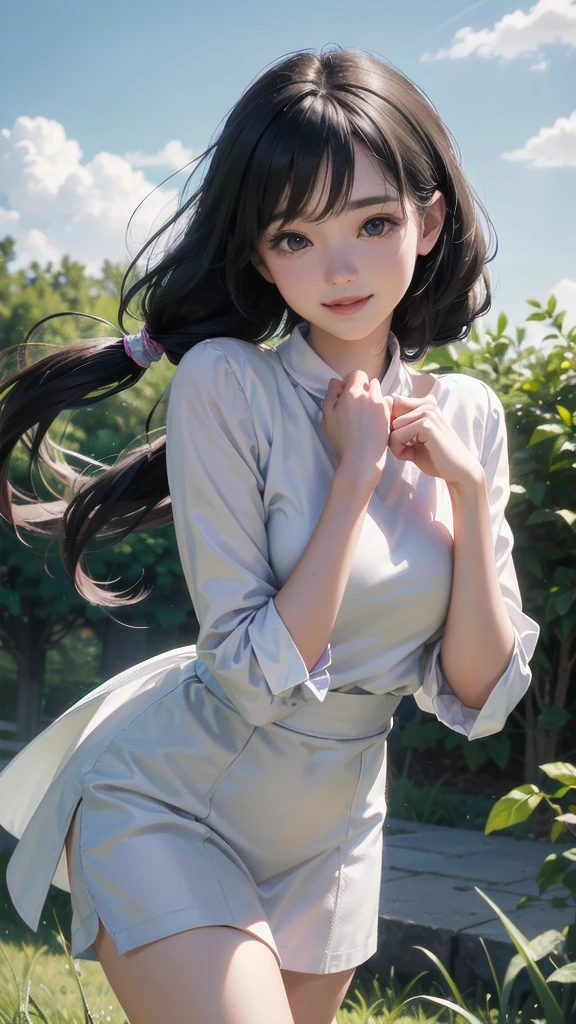 very cute and beautiful girl,(highly detailed beautiful face),(white blouse),(smile:1.2),
,zettai ryouiki,
dynamic pose,black hair,low twintails,black arbor in rose garden,grassland,
(best quality,masterpiece:1.2),absurdres,highres,ultra-detailed,extremely detailed,32k,8k resolution,
intricate details,cinematic scene,detailed background,solo,dynamic angle,
hair fluttering in the wind,beautiful detailed sky,perfect hands,Completely naked、
Completely naked、Completely naked、
、