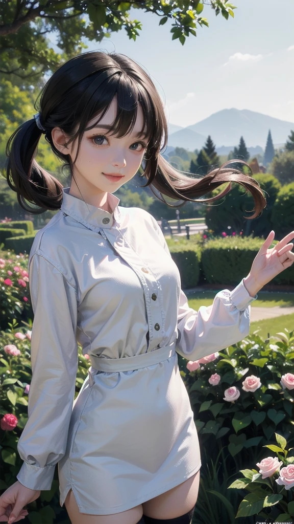 very cute and beautiful girl,,(highly detailed beautiful face),(white blouse),(smile:1.2),
,zettai ryouiki,
dynamic pose,black hair,low twintails,black arbor in rose garden,grassland,
(best quality,masterpiece:1.2),absurdres,highres,ultra-detailed,extremely detailed,32k,8k resolution,
intricate details,cinematic scene,detailed background,solo,dynamic angle,
hair fluttering in the wind,beautiful detailed sky,perfect hands,Completely naked、
Completely naked、Completely naked、
、
