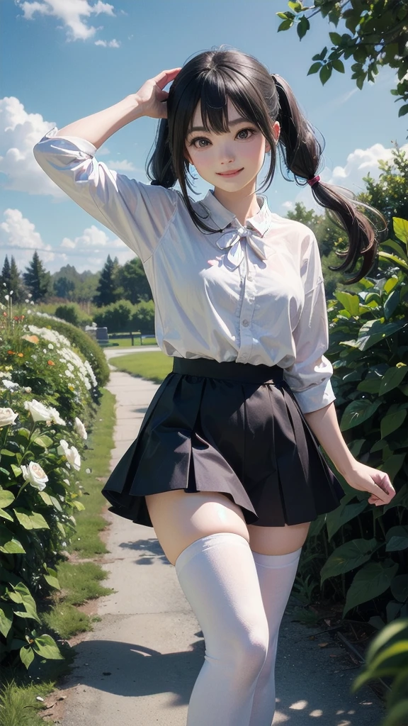 very cute and beautiful girl,,(highly detailed beautiful face),(white blouse),(smile:1.2),
,zettai ryouiki,
dynamic pose,black hair,low twintails,black arbor in rose garden,grassland,
(best quality,masterpiece:1.2),absurdres,highres,ultra-detailed,extremely detailed,32k,8k resolution,
intricate details,cinematic scene,detailed background,solo,dynamic angle,
hair fluttering in the wind,beautiful detailed sky,perfect hands,Completely naked、
Completely naked、Completely naked、
、