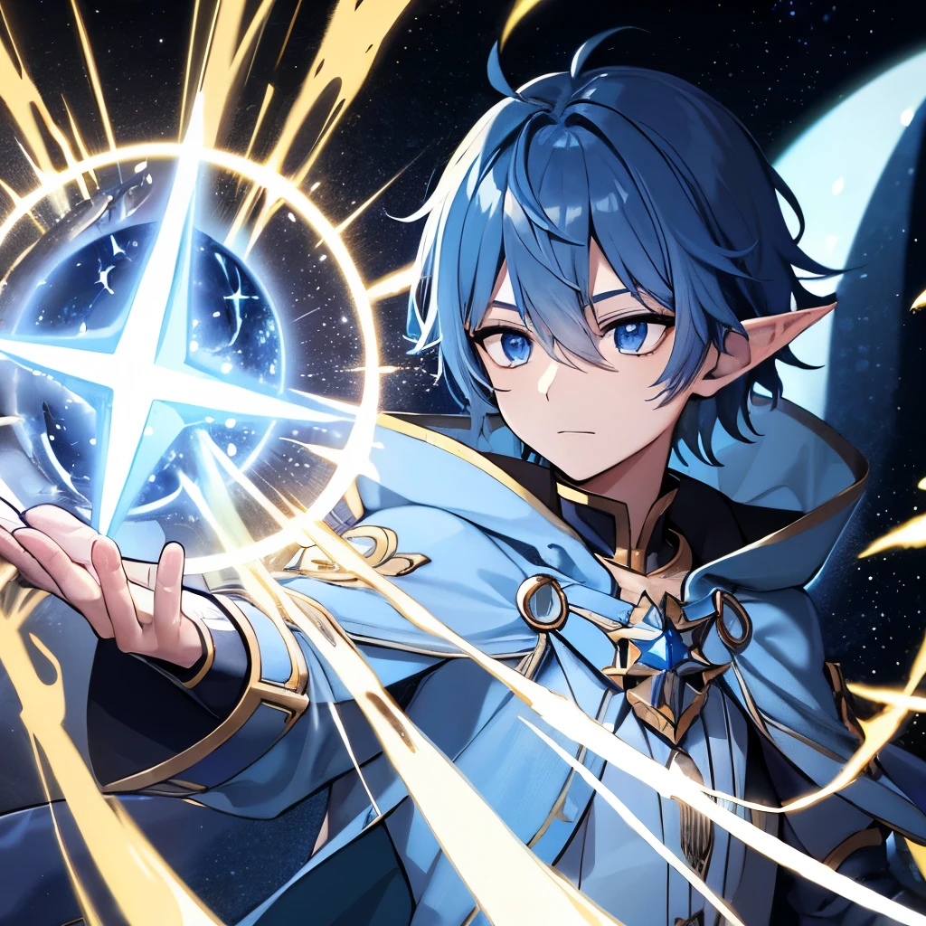 one elf magician (((boy))) w dark grayish blue skin tone dark blue skin, w cyan blue grayish hair, bright glowing blue eyes, w sapphire constalation star pendant, w blue metalic cosmic star elements in cloths, wearing dark blue cloak w star blue elements in it, and w huge portion of goldeny yellow stars constalations cosmic aura stars shiny star sparkles aura around it