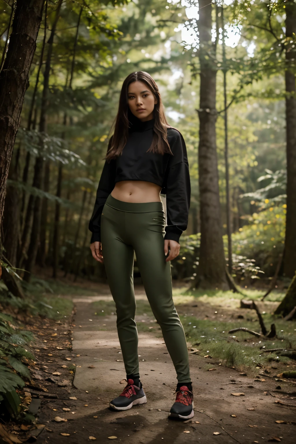 4k, realista, muito detalhe, there is a girl in a forest, she is a samurai, tema de guerra, roupas macias, cabelo longo, usando legging, 25 anos de idade, corpo todo, usando sapatos gucci