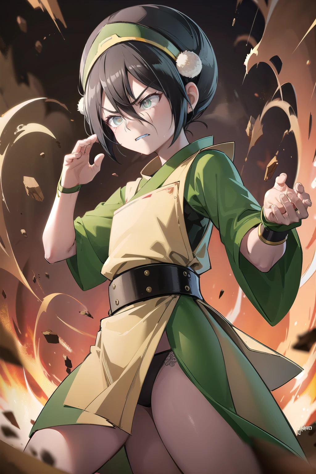 Masterpiece ,ultra detailed, toph beifong, Angry face, blind , sinister, female, pale , fully detailed, florest environment, bright eyes,angry , blood exposed, bleeding wounds, terrifying , angry , bruised by the body , black hair, green Kimono open , bra , pantie .