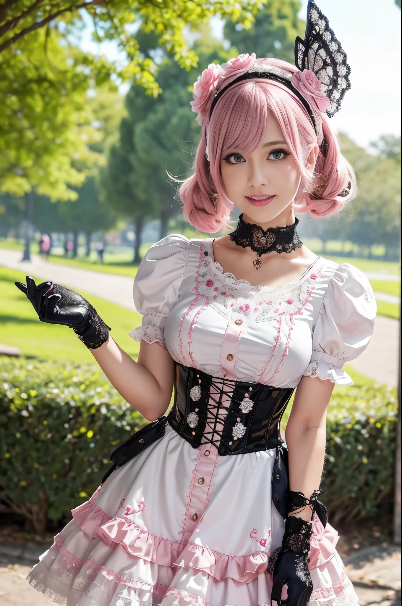 (nsfw), sexy stylish Swedish model, only 1 female, ((doll-like appearance)), short neon pink stylish hair, ((shiny Victorian-Style boots)), (big smile), ultra detailed eyes, vivid eye makeup, lipgloss, long lashes, defined eyebrows, ((sexy Paradise Kiss cosplay)), bell-shaped skirt, petticoats, high neckline, puffed sleeves, ((ultra detailed lace)), ((ultra detailed embroidery)), intricate details, Paradise Kiss accessoires and matching headpiece, choker, ((large sparkling Paradise Kiss jewelry)), cinematic light, detailed large park background with trees