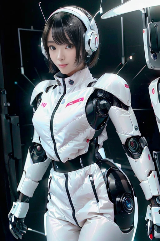 A girl in a futuristic bright white heavily armored robot suit takes a photo、perfect android girl, Female cyborg body, Perfect anime cyborg woman, Beautiful female android!, Female Robot, completely robot!! girl, Cute cyborg girl, Cyber Suit, Girl wearing mecha cybernetic armor, Cyber Suit, beutiful white girl cyborg, Beautiful female android, Beautiful girl cyborg、Cute cyborg girl with short bob hair、Beautiful android sculpture model、(Laughter)、((Rounded, white, sturdy armor))、(((Equipped with long sensor antennas on both ears)))、(((Robot Girl)))、(((Android girls)))、