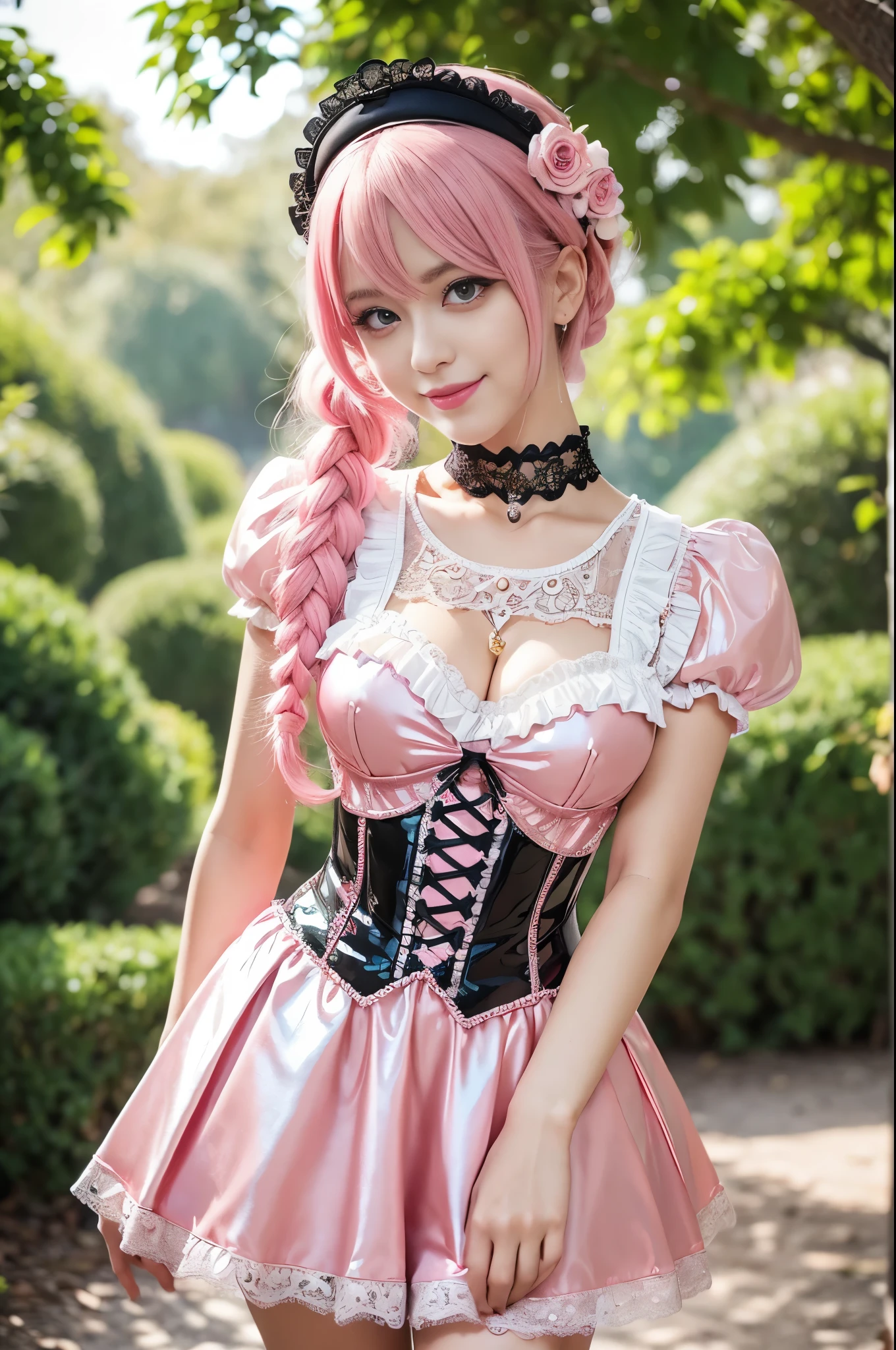 (nsfw), sexy stylish Swedish model, only 1 female, ((doll-like appearance)), short neon pink stylish hair, ((shiny Victorian-Style boots)), (big smile), ultra detailed eyes, vivid eye makeup, lipgloss, long lashes, defined eyebrows, ((sexy Paradise Kiss cosplay)), bell-shaped skirt, petticoats, high neckline, puffed sleeves, ((ultra detailed lace)), ((ultra detailed embroidery)), intricate details, Paradise Kiss accessoires and matching headpiece, choker, ((large sparkling Paradise Kiss jewelry)), cinematic light, detailed large park background with trees