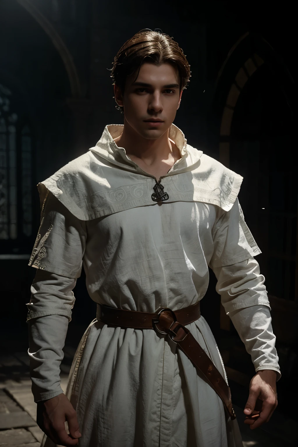 a medieval era young man in white outfit touching his chest, highly detailed, cinematic lighting, dramatic pose, volumetric fog, intricate clothing textures, chiaroscuro lighting, dramatic shadows, hyper realistic, 8k, photorealistic, award winning digital art