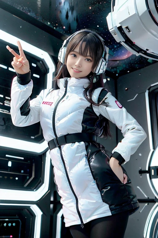 masterpiece:1.4, (6+ girl):10,, Multi-colored hair, Random Heroine Outfit, Random cute faces, Game heroine, Very happy smile, Open your mouth, close your eyes, Group shot, Zoom, peace sign, happy ending, Starry Sky,BREAK masterpiece,highest quality,BREAK Instagrammer pose,idle girl, Dynamic pose,(Astro Best):2,floating:20,Jumping:20,BREAK (White shiny down):5,(White puffer vest):5,BREAK (black tights),(Black long sleeve):2,Black belt ,Smart Watches,Huge breasts,Wears a tight futuristic latex silver and black and white bodysuit,(White boots),Astro Best, White skin,Beautiful Face ,smile,Japanese Girls,Dark brown hair,Big Breasts, Long Hair, Perfect model body shape, blue eyes:1.4, Wearing headphones, make out, Happy, Looking out the window of the futuristic sci-fi space station, BREAK SF control room on night background:1.1, Neon and energetic atmosphere:1.2 ((Milky Way)) ,((alone:1.6)),Futuristic Space Station Background,Inside the spaceship,Futuristic room,Neotec