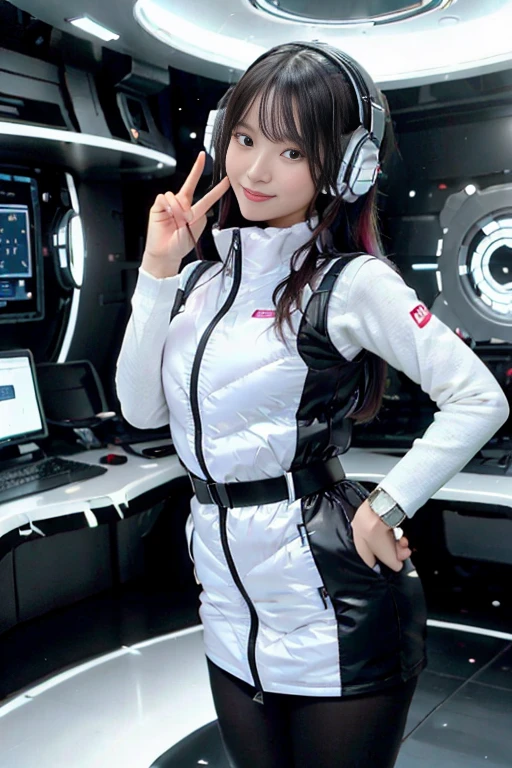 masterpiece:1.4, (6+ girl):10,, Multi-colored hair, Random Heroine Outfit, Random cute faces, Game heroine, Very happy smile, Open your mouth, close your eyes, Group shot, Zoom, peace sign, happy ending, Starry Sky,BREAK masterpiece,highest quality,BREAK Instagrammer pose,idle girl, Dynamic pose,(Astro Best):2,floating:20,Jumping:20,BREAK (White shiny down):5,(White puffer vest):5,BREAK (black tights),(Black long sleeve):2,Black belt ,Smart Watches,Huge breasts,Wears a tight futuristic latex silver and black and white bodysuit,(White boots),Astro Best, White skin,Beautiful Face ,smile,Japanese Girls,Dark brown hair,Big Breasts, Long Hair, Perfect model body shape, blue eyes:1.4, Wearing headphones, make out, Happy, Looking out the window of the futuristic sci-fi space station, BREAK SF control room on night background:1.1, Neon and energetic atmosphere:1.2 ((Milky Way)) ,((alone:1.6)),Futuristic Space Station Background,Inside the spaceship,Futuristic room,Neotec