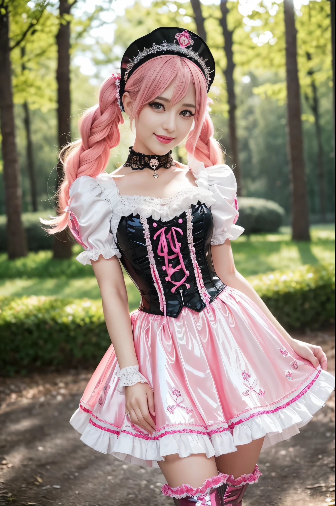 (nsfw), sexy stylish Swedish model, only 1 female, ((doll-like appearance)), short neon pink stylish hair, ((shiny Victorian-Style boots)), (big smile), ultra detailed eyes, vivid eye makeup, lipgloss, long lashes, defined eyebrows, ((sexy Paradise Kiss cosplay)), bell-shaped skirt, petticoats, high neckline, puffed sleeves, ((ultra detailed lace)), ((ultra detailed embroidery)), intricate details, Paradise Kiss accessoires and matching headpiece, choker, ((large sparkling Paradise Kiss jewelry)), cinematic light, detailed large park background with trees
