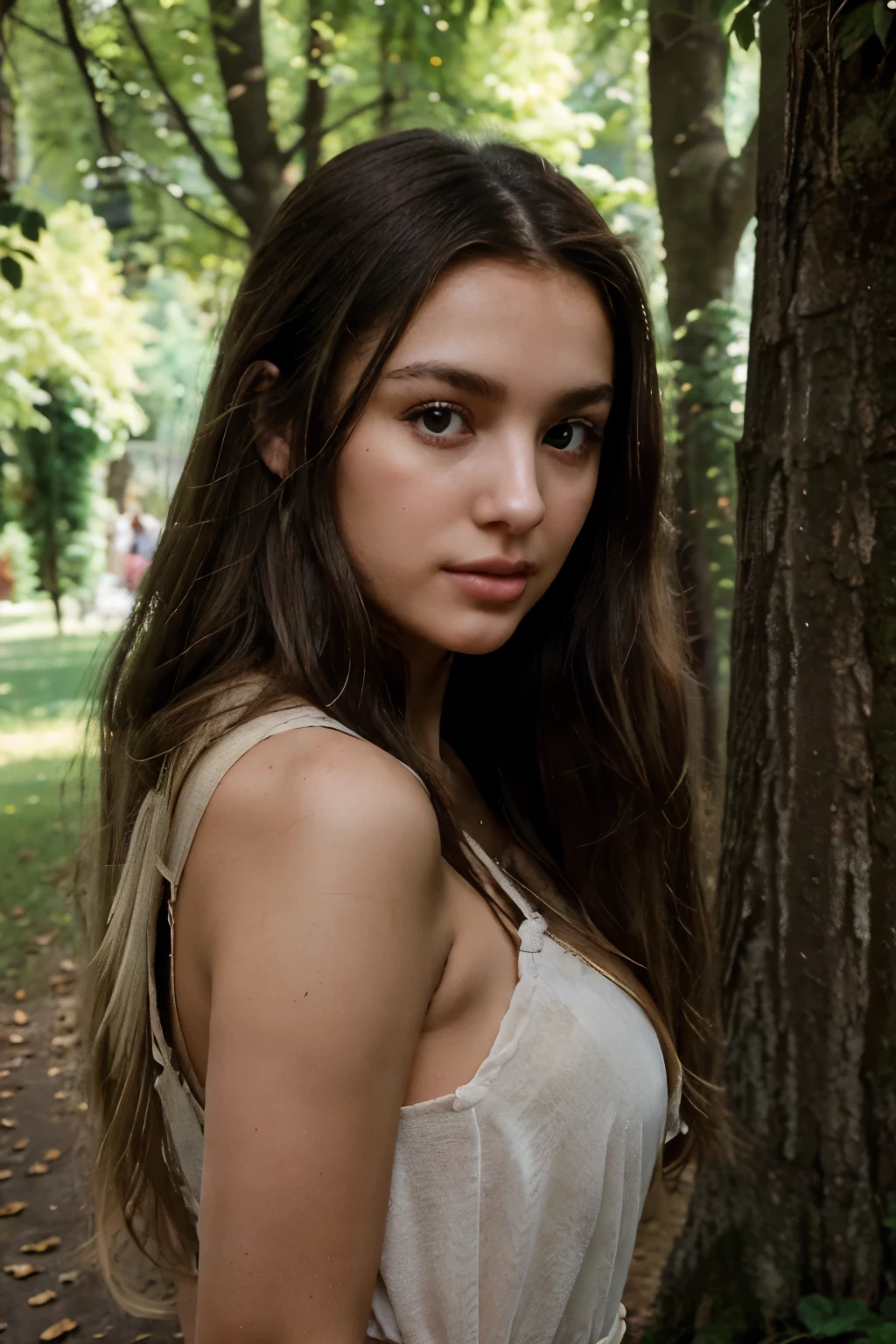 photography of a stunning 20-year-old Italian girl, enjoying, girl, summer, hot girl, cute face, wearing black crop top, brunette hair, French braid hair, long_hair, looking into the camera, green eyes, symmetrical face, photorealistic, photography, gorgeous, cleavage, (full portrait), western, (masterpiece), best quality, textured skin, extremely detailed, skin with pores, Ultra Detailed Face, Detailed Eyes, depth of field, happy expression, 8K, Best quality, masterpiece, ultra high res, (photorealistic:1.4), raw photo, (Authentic skin texture:1.3), (film grain:1.3), (selfie angle)