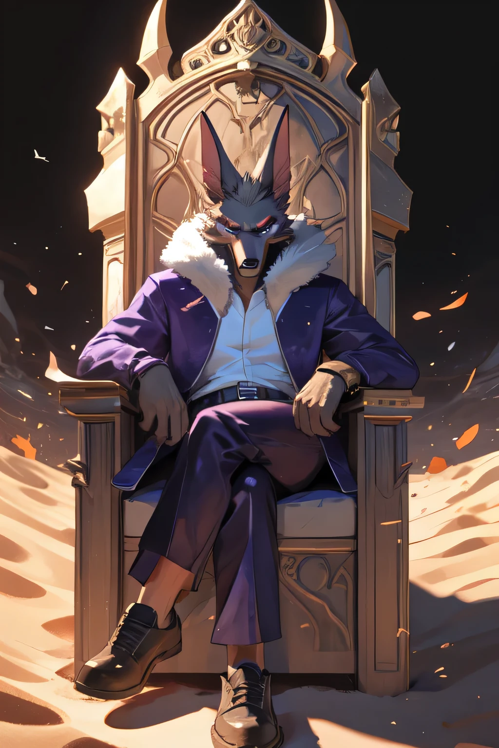 male anthro jackal, sitting in an throne with crossed legs, solo, serious look, angry expression, black and white spectator shoes, grey body, grey fur, orange gloves, purple clothing, purple coat, purple pants, purple suit, red eyes, white shirt, perfect face, larger male, fur coat, sand powers, god set,