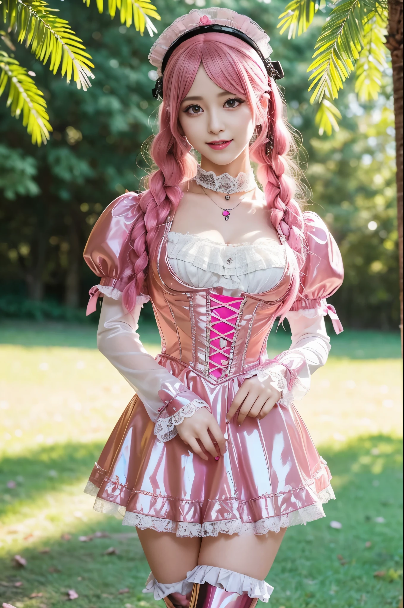 (nsfw), sexy stylish feminine model, only 1 female, ((doll-like appearance)), long neon pink stylish hair, ((shiny Victorian-Style boots)), (big smile), ultra detailed eyes, vivid eye makeup, lipgloss, long lashes, defined eyebrows, ((sexy Paradise Kiss cosplay)), bell-shaped skirt, petticoats, high neckline, puffed sleeves, ((ultra detailed lace)), ((ultra detailed embroidery)), intricate details, Paradise Kiss accessoires and matching headpiece, choker, ((large sparkling Paradise Kiss jewelry)), cinematic light, detailed large park background with trees