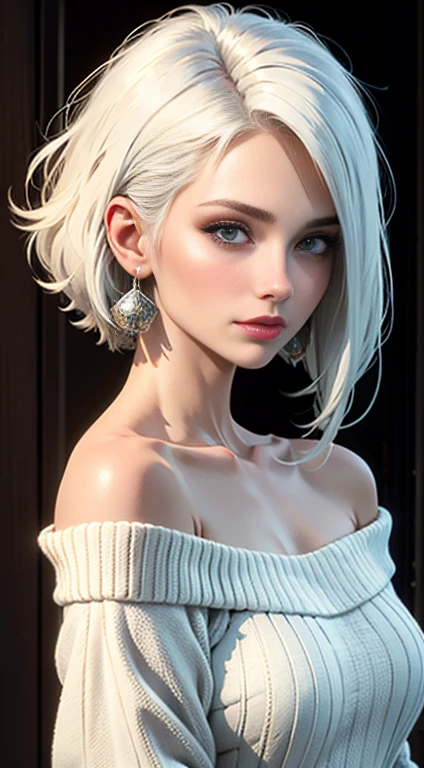 Medium Shot Shot, A beautiful woman looks at the camera, White hair, Chris Foss autumn off-the-shoulder sweater