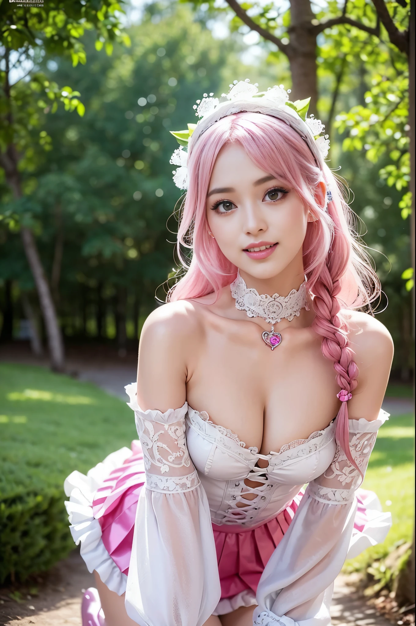 (nsfw), sexy stylish Swedish model, only 1 female, ((doll-like appearance)), long neon pink stylish hair, ((shiny Victorian-Style boots)), (big smile), ultra detailed eyes, vivid eye makeup, lipgloss, long lashes, defined eyebrows, (small naked breasts), ((sexy Paradise Kiss cosplay)), (naked aroused open pussy), bell-shaped skirt, petticoats, high neckline, puffed sleeves, ((ultra detailed lace)), ((ultra detailed embroidery)), intricate details, Paradise Kiss accessoires and matching headpiece, choker, ((large sparkling Paradise Kiss jewelry)), cinematic light, detailed large park background with trees