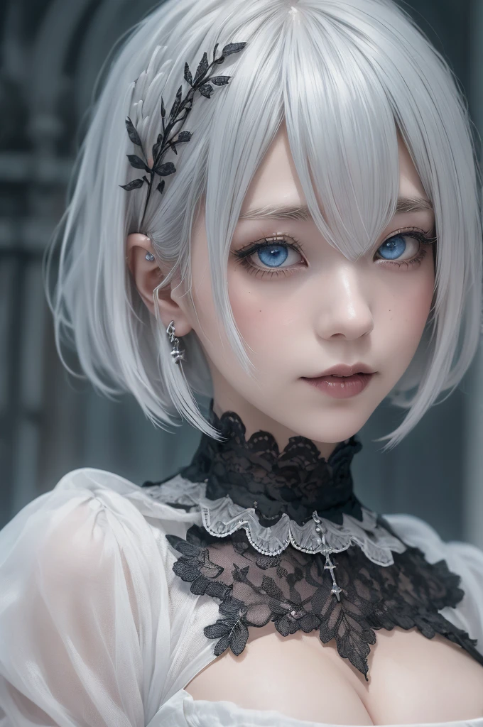 ((High quality)),masutepiece,(Detailed depiction of local details:1.2),1girl in,Blue eyes,Plump breasts,Enchanted Valley,Closed mouth,Eyelashes,Looking at Viewer,Portrait,Solo,Upper body,White hair,White theme,Short hair,Silver hair,Yorha No. 2 Type B,(black gothic dress)