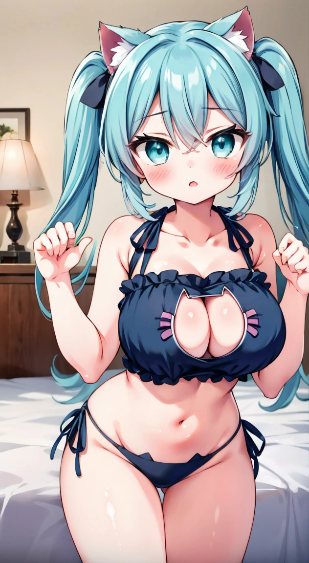 side tie panties,ribbon good, ribbon panties,cat bra, lace panties,twin tails,blush, full-face blush,masterpiece, highest quality, (anime screencap:1.3),(shape), cute,(simple:1), (anime:1.2),Solo Sharp Focus, 1 girl, cleavage,looking at the viewer,, standing,leaning forward,room,bed,(( cat lingerie)),big breasts,beautiful bust,beautiful hips,emphasize the chest,((cat lingerie))twintails hair,aqua color,puffy eyes,cute eyes,paw pose,(Cat ear1.1),