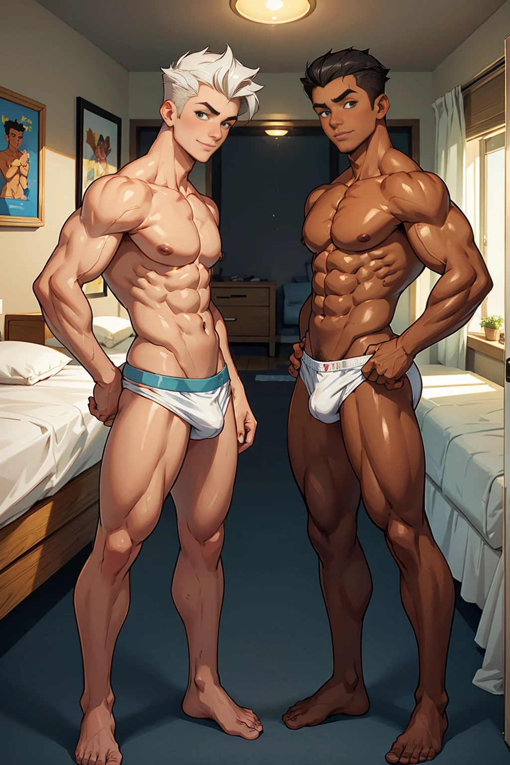 Two characters in the scene. Two identical age twin brothers, both with mischievous smiles, slim and muscular bodies, pretty faces, honey-colored eyes, oily and shiny skin,
the twin on the right with short black hair in a pompadour, the twin on the left with short white hair combed to the side. They are standing inside a teenbedroom, with their backs bare, wearing small swim trunks with their hands on the waist of the other in underwear and with a huge bulge in the groin.